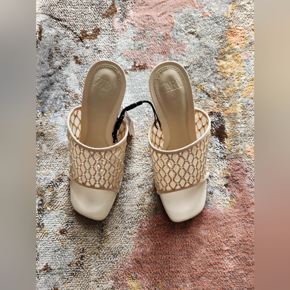 NWT Zara Size 6.5 Beige Rhinestone Mesh Slide Heels - Picture 3 of 7